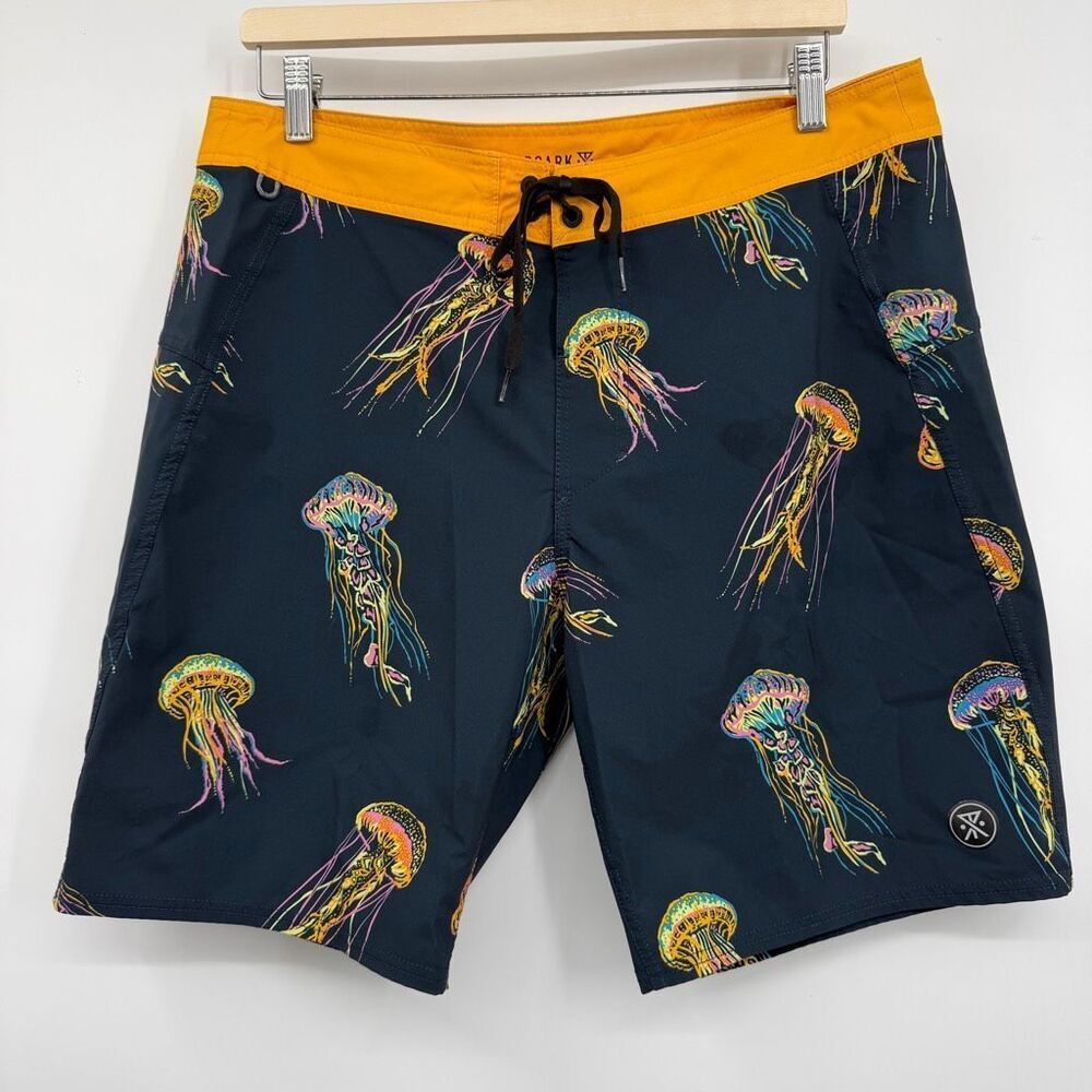 Roark Navy Orange Passage Pelagia Jelly Fish Drawstring Swim Board Shorts Sz 34